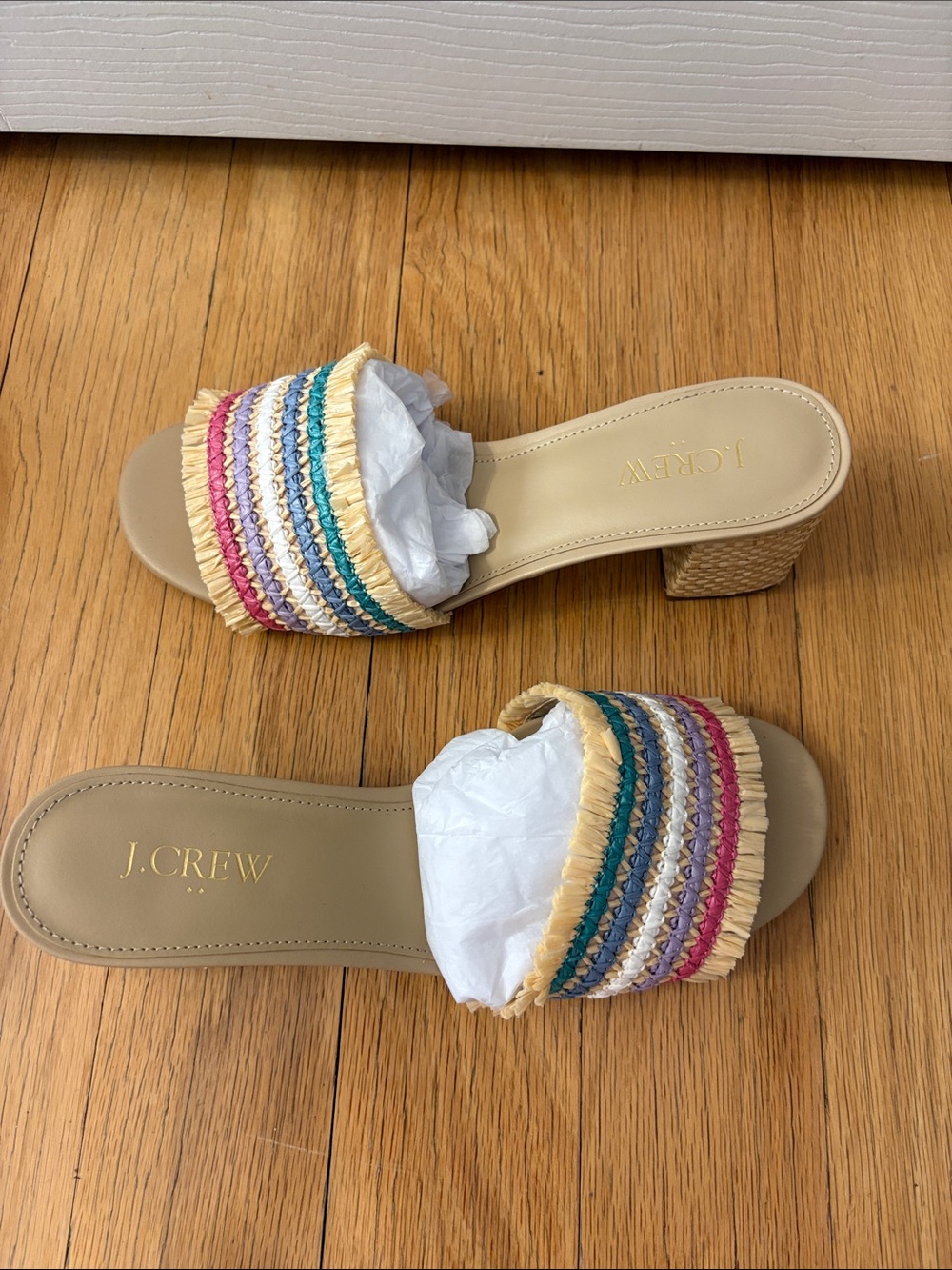 J. Crew Beige Raffia Multicolor Striped Block-Heel Mules - Picture 1 of 4
